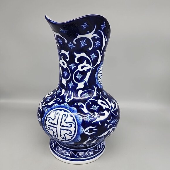 Vintage BOMBAY CO. Cobalt Blue White Porcelain Floral Handle Pitcher Vase 11”H - Picture 1 of 8